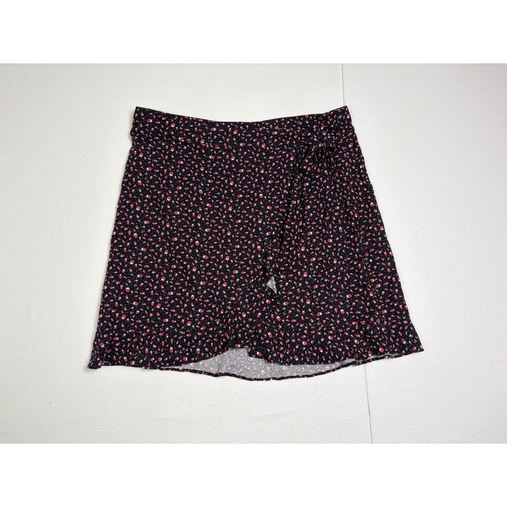 LOFT Women 16 Black Red Ladybug Print Linen Blend Ruffle Faux Wrap Mini Skirt